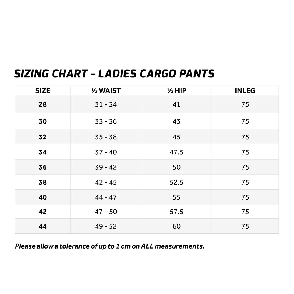 Ladies Kalahari Cargo Pants Size Chart