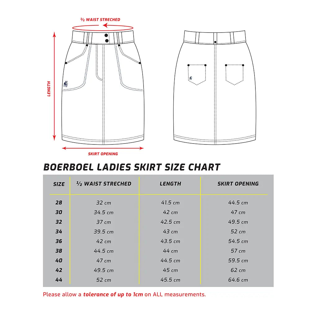 Ladies Kalahari Skirt Size Chart