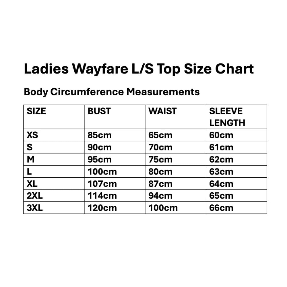 Ladies L/S Wayfare Top Size Chart