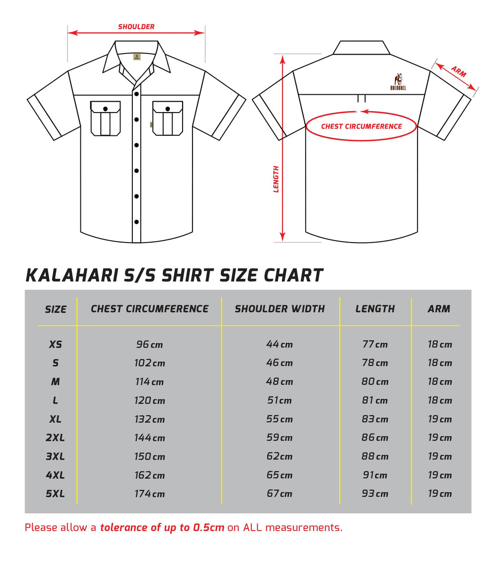 Men's Kalahari Shirt S/S Size Chart