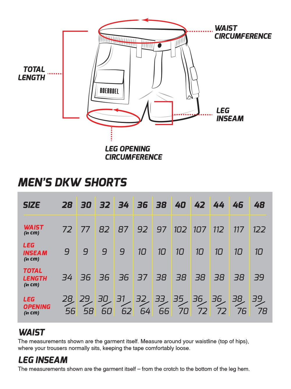 Men's DKW Shorts Size Chart