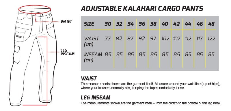 Men's Adjustable Kalahari Cargo Pants Size Chart