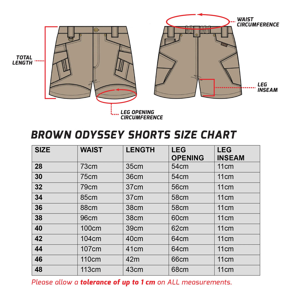 Men's Odyssey Cargo Shorts Size Chart