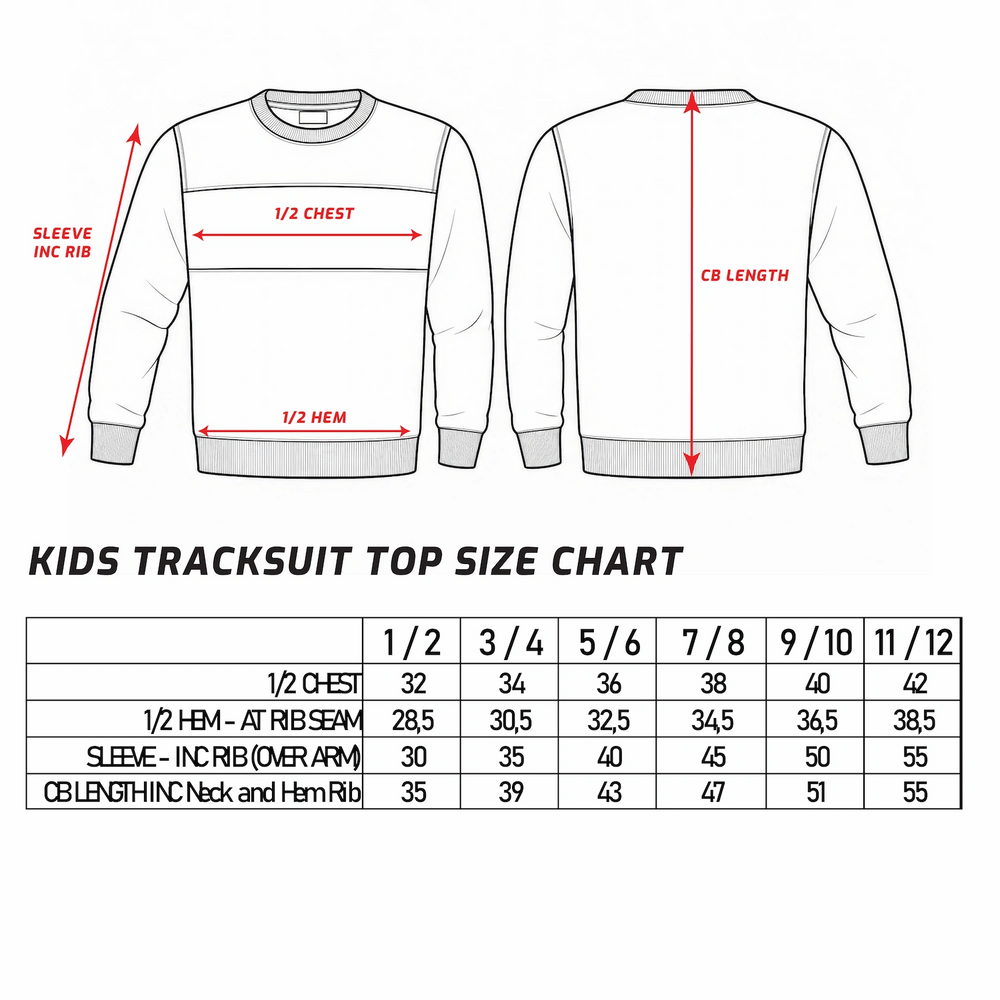 Kids Tracksuit Top Size Chart