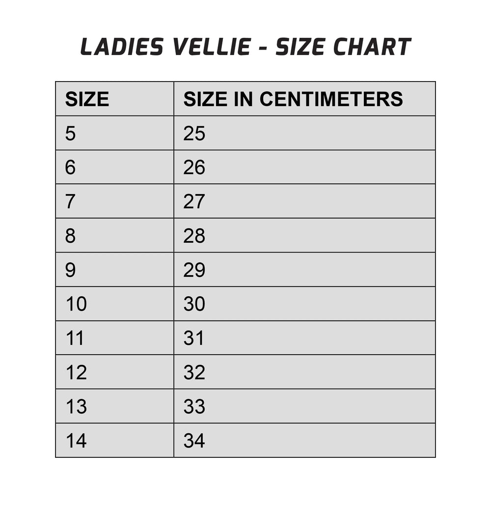 Ladies Sneaker Vellie Size Chart