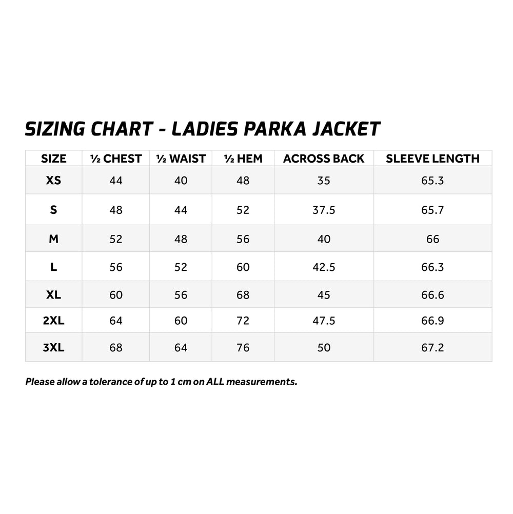 Ladies Urban Park Jacket Size Chart