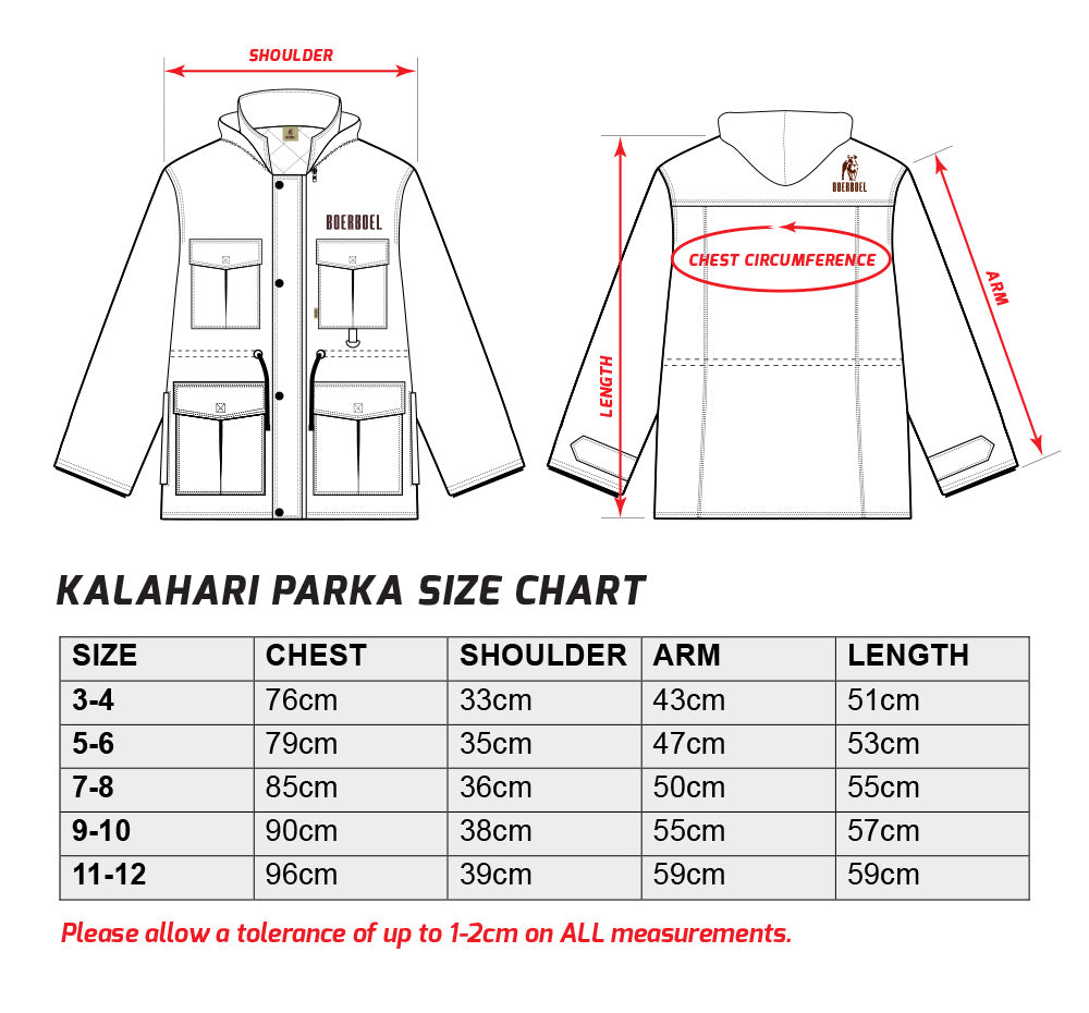 Kids Kalahari Parka Jacket Size Chart